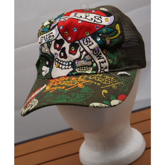 Love Kills Slowly Ed Hardy Designs Trucker Hat Cap Adjustable Snapback - Picture 1 of 8